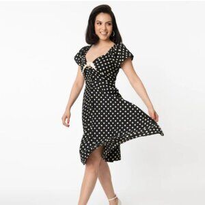 NWT Unique Vintage Black and Cream Polka Dot Ellias Swing Dress